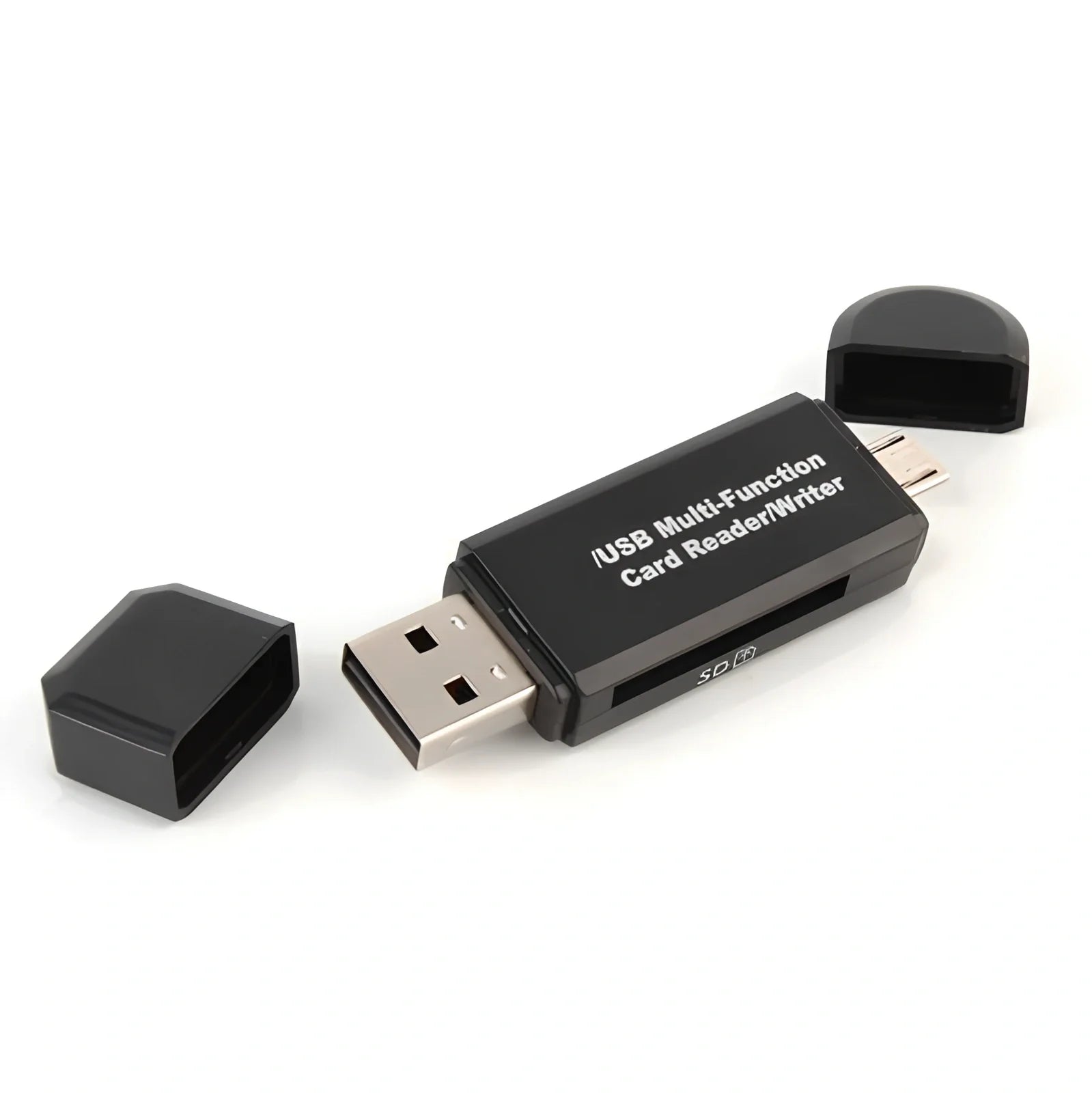 Black three-in-one card reader with Micro USB and USB connectors for Android devices