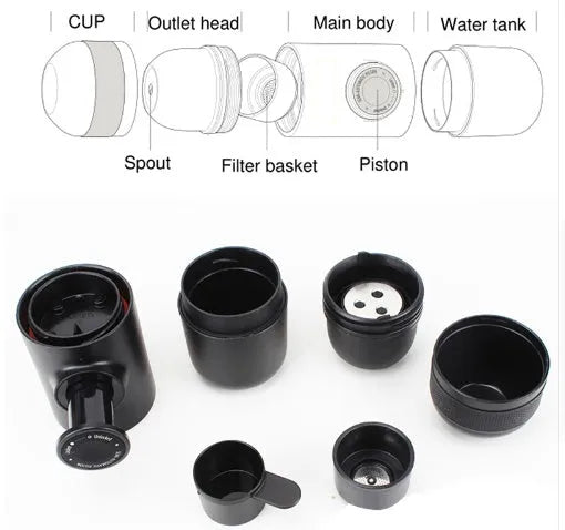 Black portable manual espresso maker showing compact 17.5cm height and 6cm diameter.