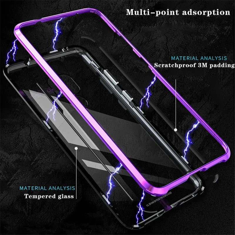 Black magnetic aluminium phone case with clear tempered glass back for Huawei P30 Pro
