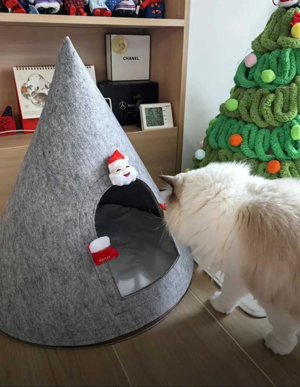 Grey conical felt enclosed cat nest with Christmas handmade design measuring 50cm diameter