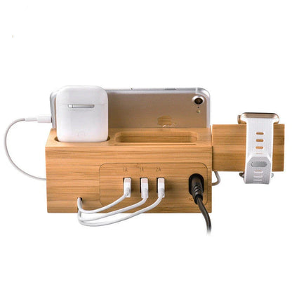 Sleek bamboo charging station with dedicated spots for iPhone, Apple Watch, and AirPods