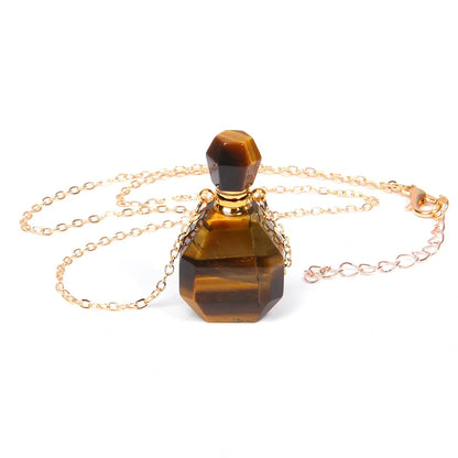 Crystal perfume bottle pendant necklace with tiger eye cap on 45 cm silver chain, 4 cm size in FI0636 colour variant