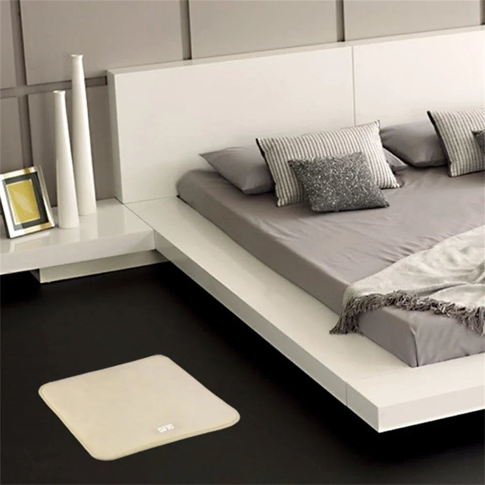 Innovative alarm clock carpet with touch-sensitive design, bright LED display, and high-density memory foam for comfort