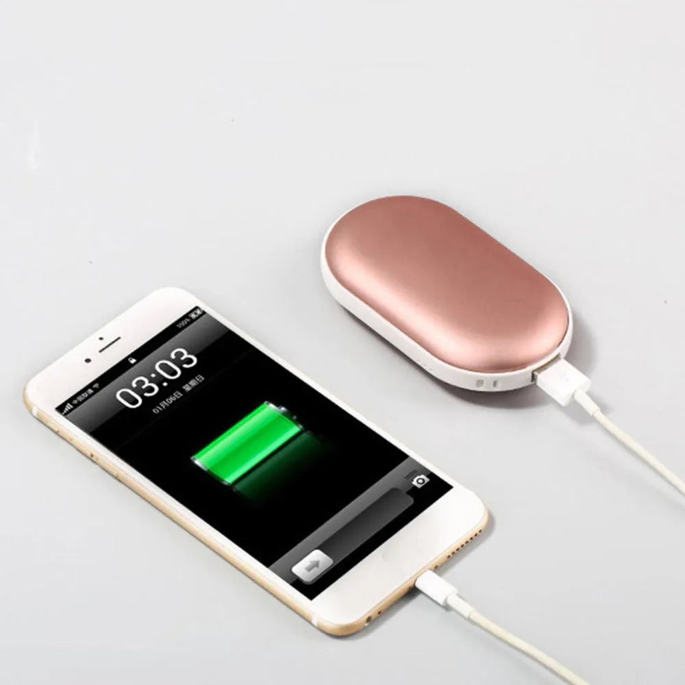 Macaron USB charging hand warmer power bank in aluminium alloy casing with double-sided heating and indicator light