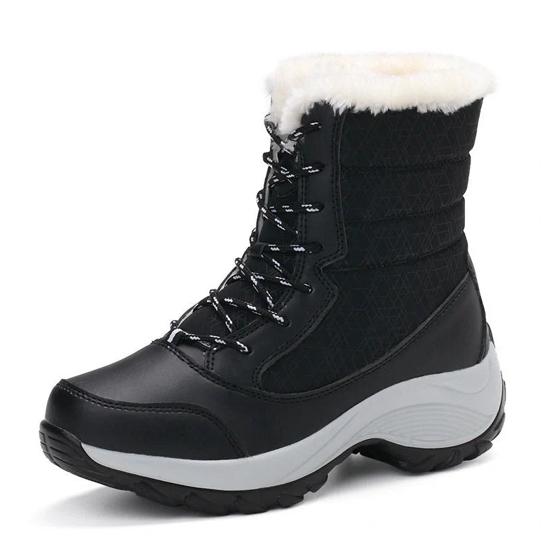 Women's velvet high-top snow boots with wedge heel and artificial hair lining in winter setting
