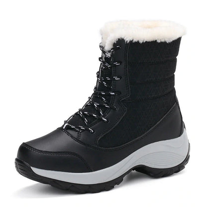Women's velvet high-top snow boots with wedge heel and artificial hair lining in winter setting