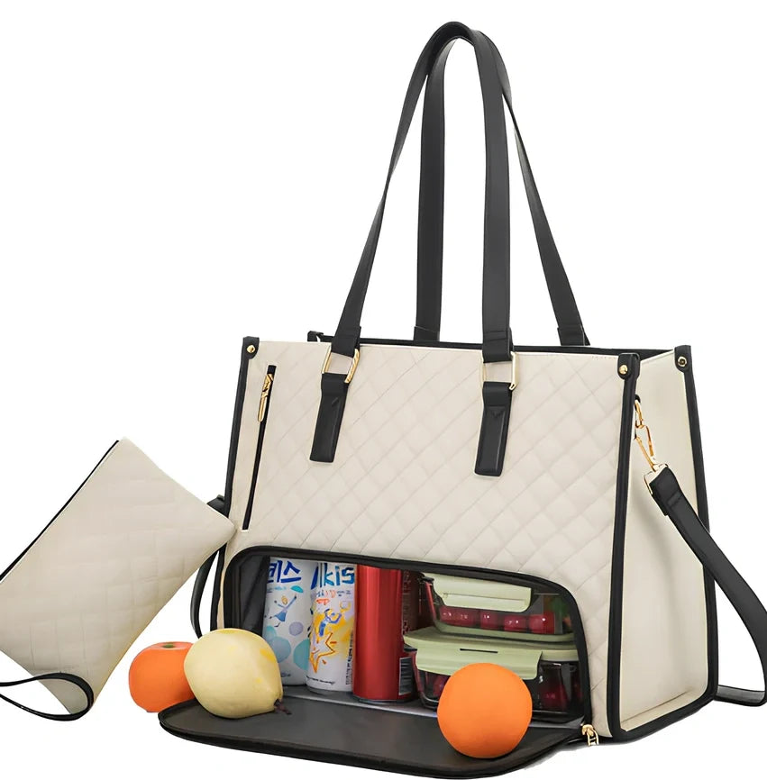 Brown women's insulated lunch bag 42x30x18cm with leak-proof lining and diagonal strap