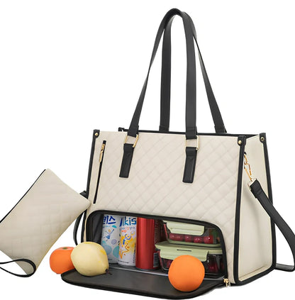 Brown women's insulated lunch bag 42x30x18cm with leak-proof lining and diagonal strap