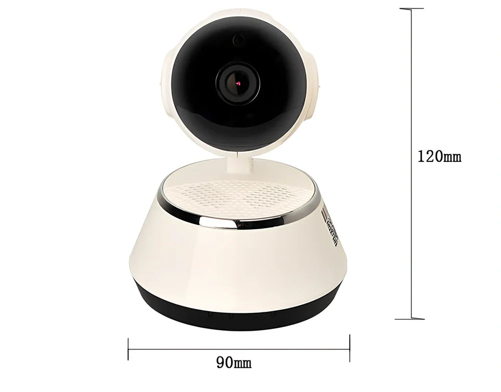 Compact 720P wireless IP camera in white ABS plastic, 9x9x12cm with IR lens for night vision and Micro SD slot, UK plug version shown