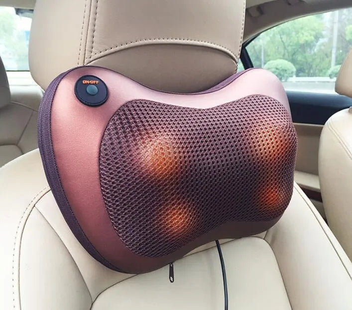 Electric infrared heating kneading massage pillow in black PU leather with shiatsu massage heads and car strap