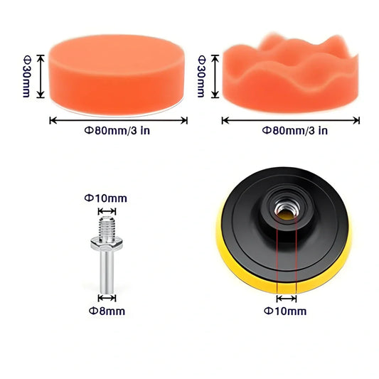 3 inch flat wave car polishing sponge set with 7 wheels and plates for wax buffing, 7.6 cm diameter