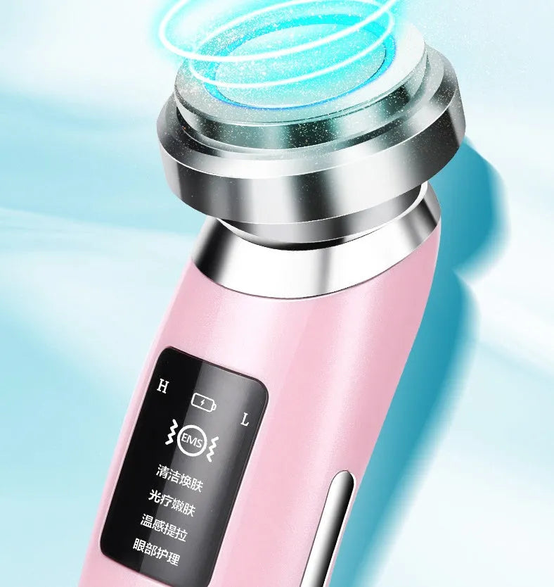 Pink handheld facial cleansing and rejuvenation beauty instrument with micro-current technology