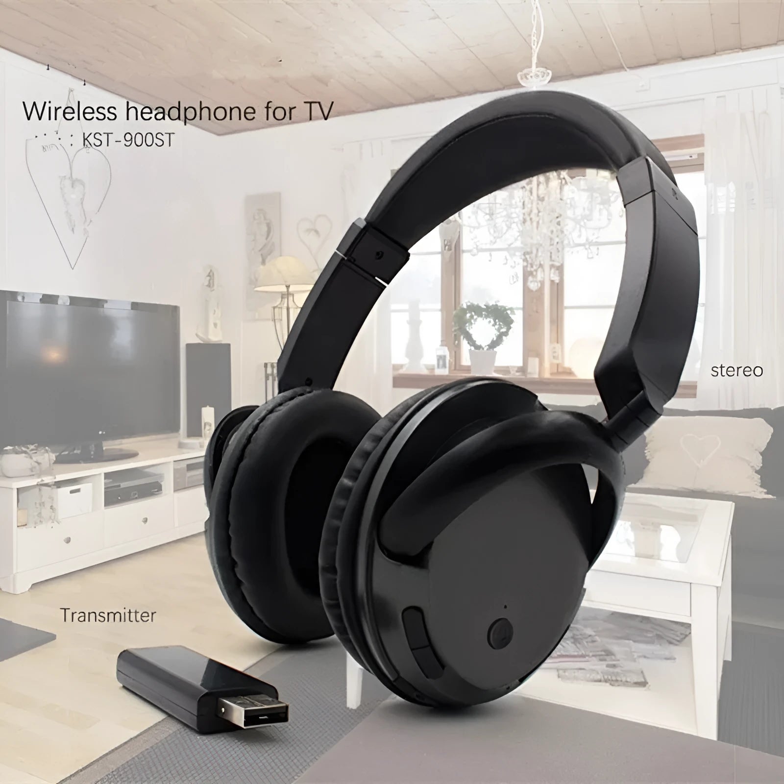 Black stereo wireless headset with USB FM transmitter and 3.5mm audio cable for dual wireless/wired operation