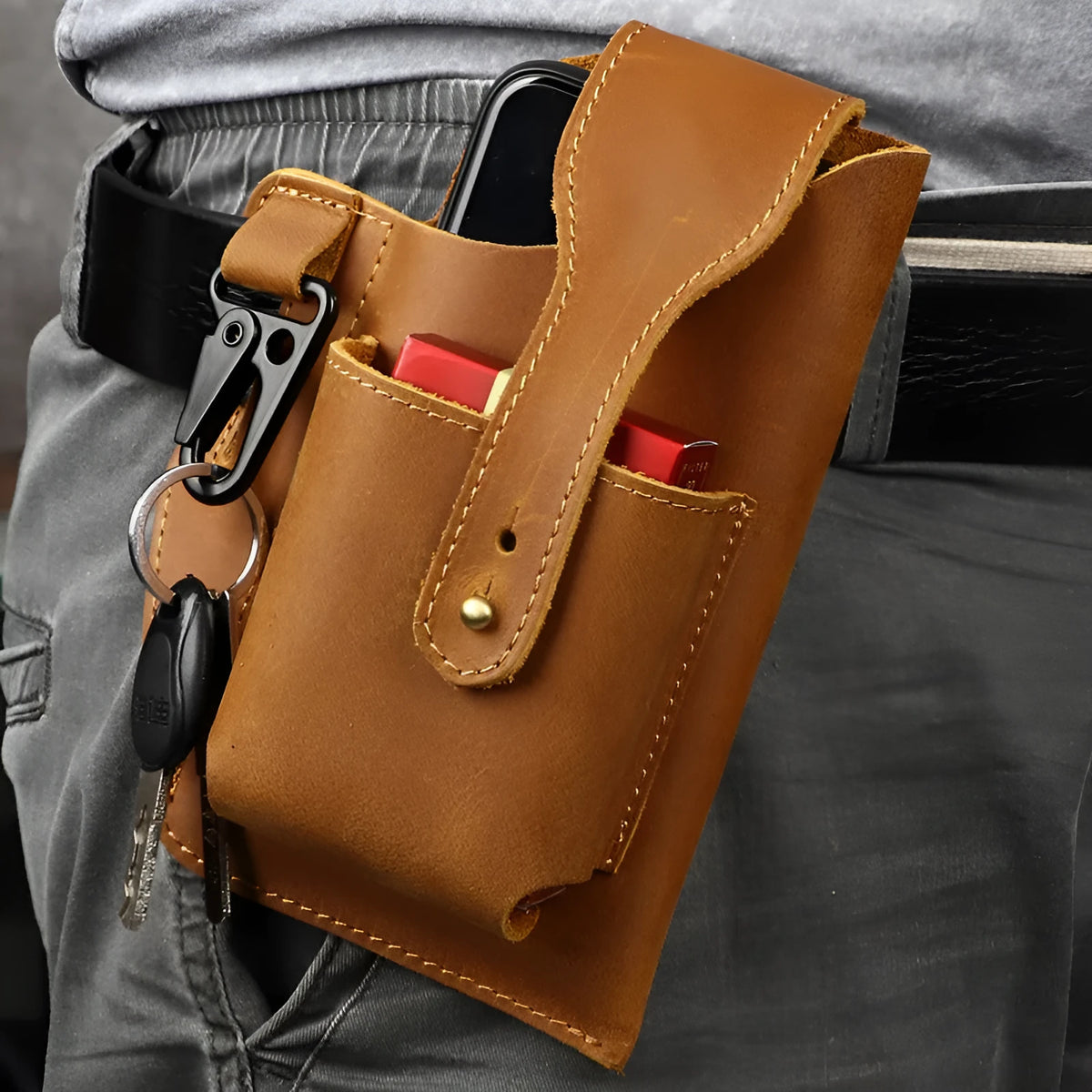 Men's black retro leather phone hanging belt bag with car suture detailing and cover-type opening