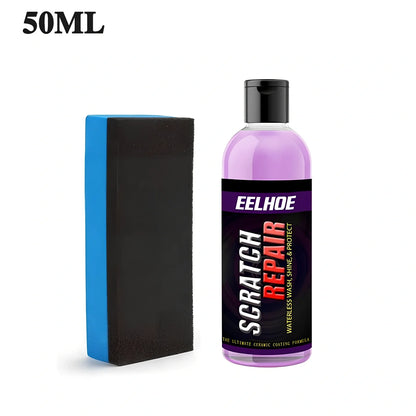 Blue bottle of 100ml car scratch repair fluid spraying on scratched vehicle panel, showing shine restoration