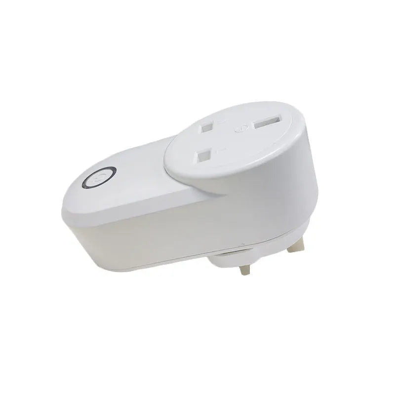 White Wi-Fi smart socket with UK and US plug options on a table