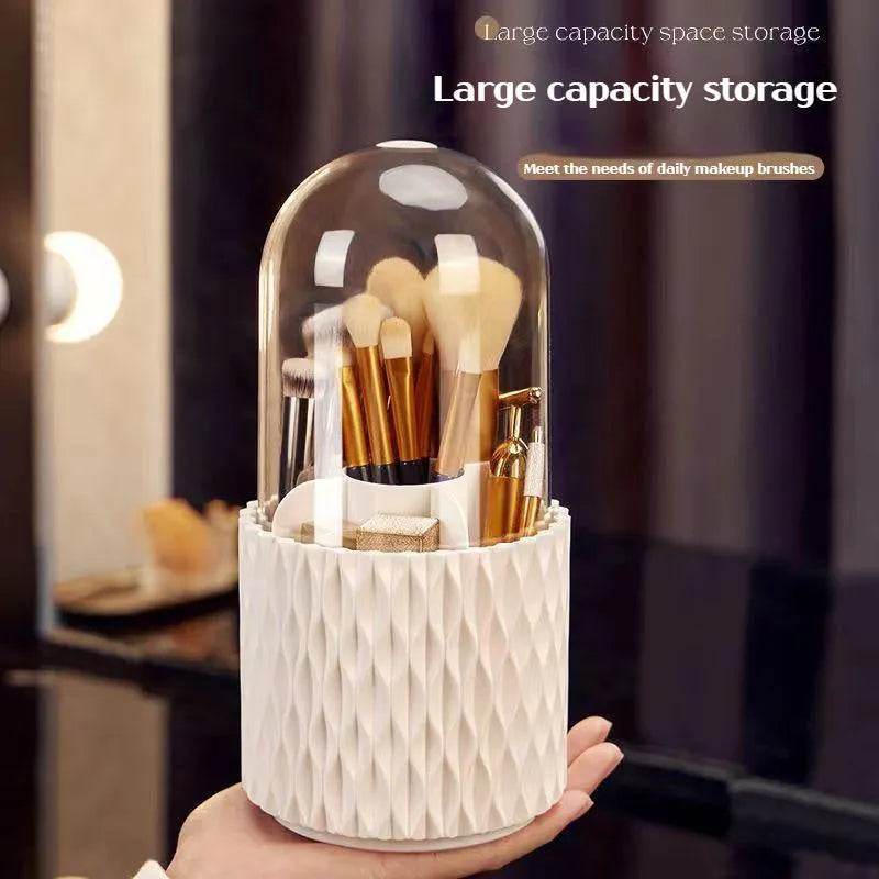 White rotating acrylic makeup brush holder with transparent dust cover showing brush compartments