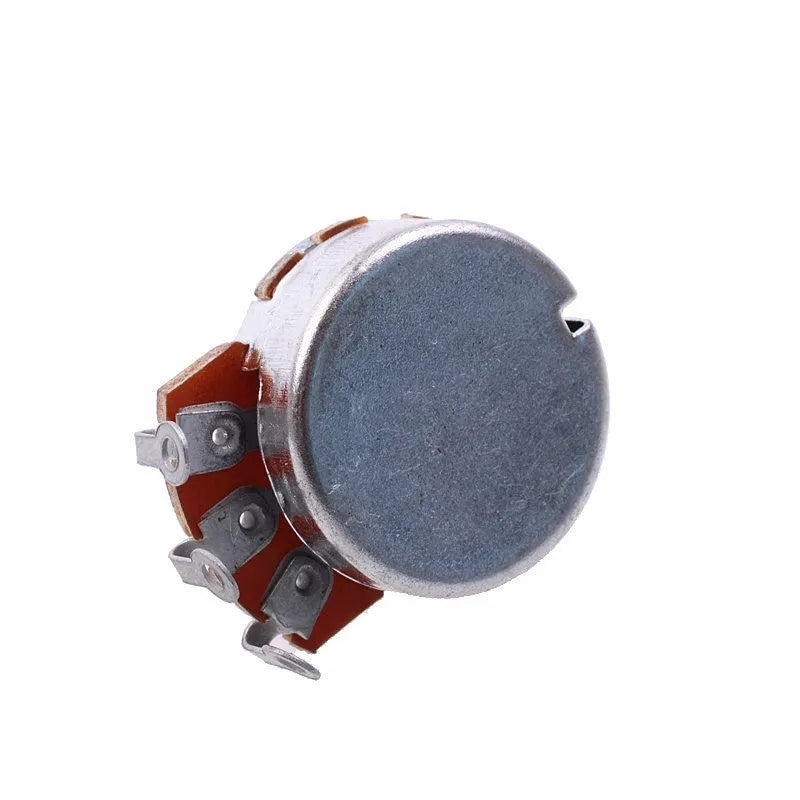 A single metal potentiometer knob for electric guitar tone or volume control.