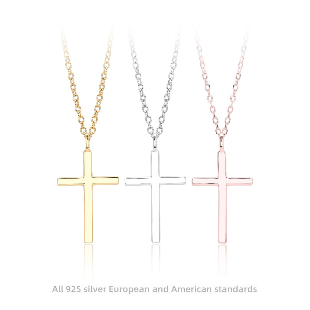 Simple glossy cross pendant on an O-shaped sterling silver chain necklace.