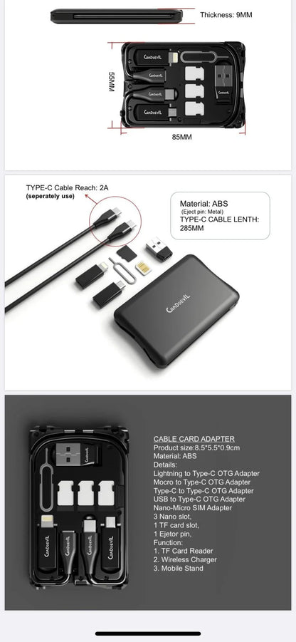 Multifunctional Travel Survival Card All-in-One Data Cable in black