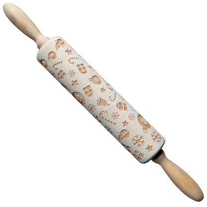 Wooden Christmas embossing rolling pin with non-stick surface for festive baking