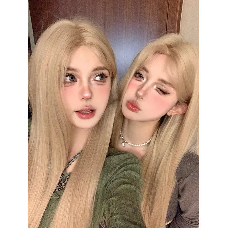 Milk tea gold blonde long straight synthetic wig with high temperature fibre construction