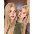 Milk tea gold blonde long straight synthetic wig with high temperature fibre construction