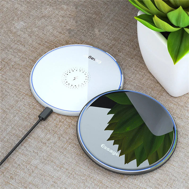Black or white 15W fast wireless charging pad with LED light and aluminium alloy finish.