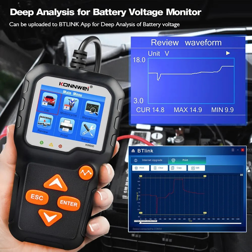 KONNWEI KW650 battery tester with LCD screen and three LED indicators, black casing