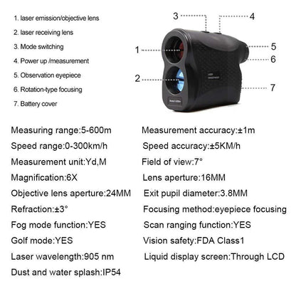 Portable Laser Range Finder with Compact Design, Accurate Distance Measurement up to 600 Meters, and Versatile Outdoor Applications