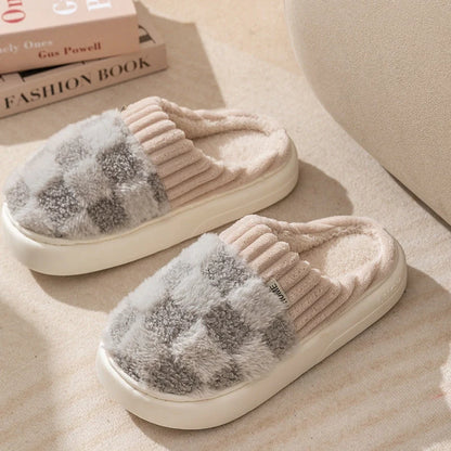 Women's plaid plush slippers with non-slip sole in various colours