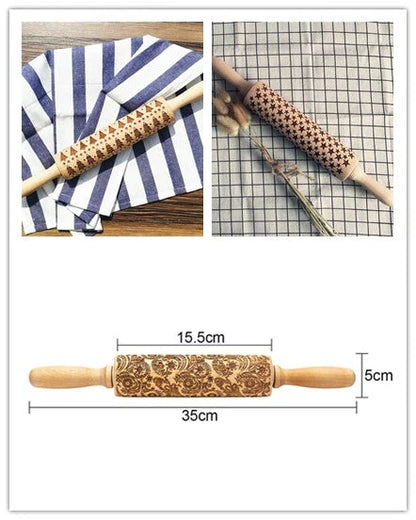 Wooden Christmas embossing rolling pin with non-stick surface for festive baking