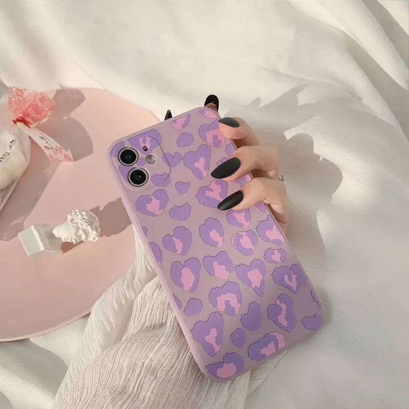 Frosted silicone phone case with purple leopard print and geometric design for Apple iPhone