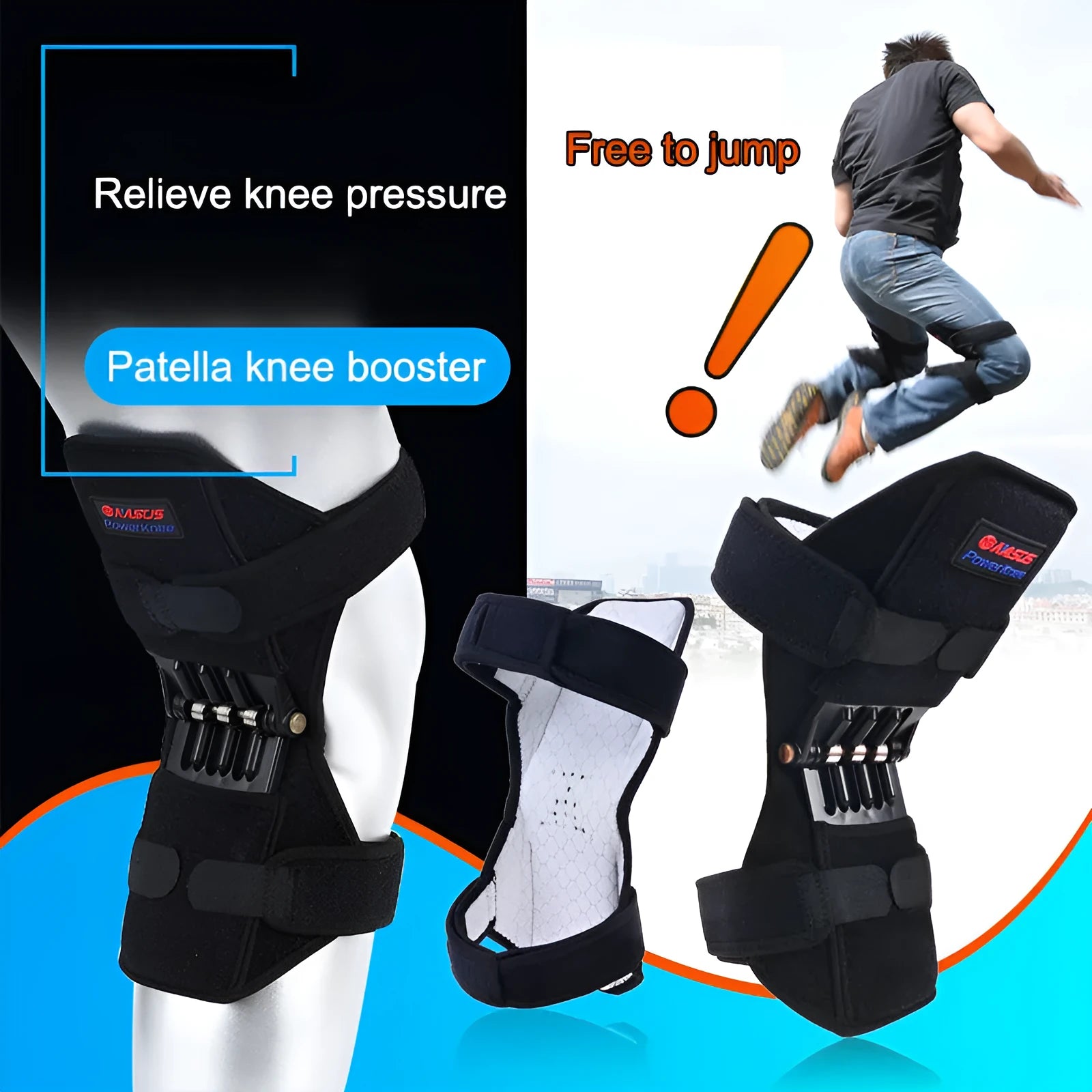 Adjustable spring knee brace support for mountaineering and sports activities.