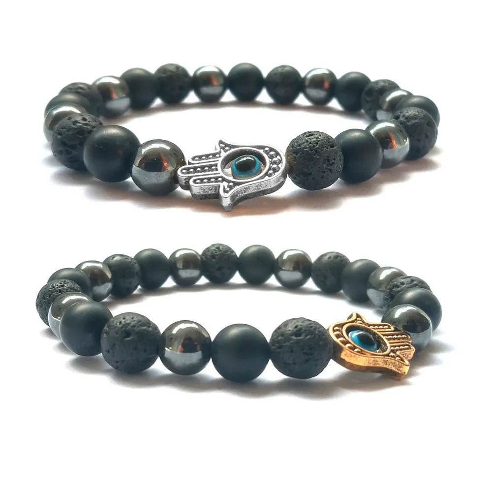 Handmade beaded bracelet with 8mm stone beads in silver blue white black, alloy electroplating finish