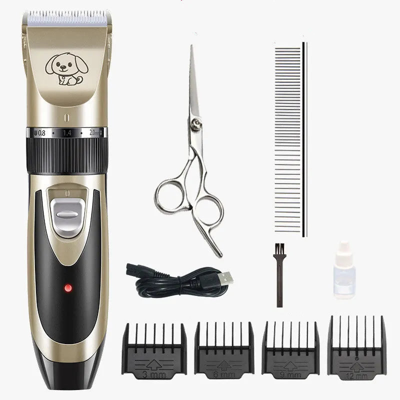 Golden professional pet grooming kit with cordless clippers, four comb attachments, nail clippers, and cleaning brush