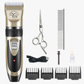 Golden professional pet grooming kit with cordless clippers, four comb attachments, nail clippers, and cleaning brush
