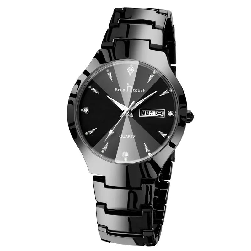Luminous quartz couple watch with calendar, 38mm round dial, alloy case, mineral glass, and IP plating strap
