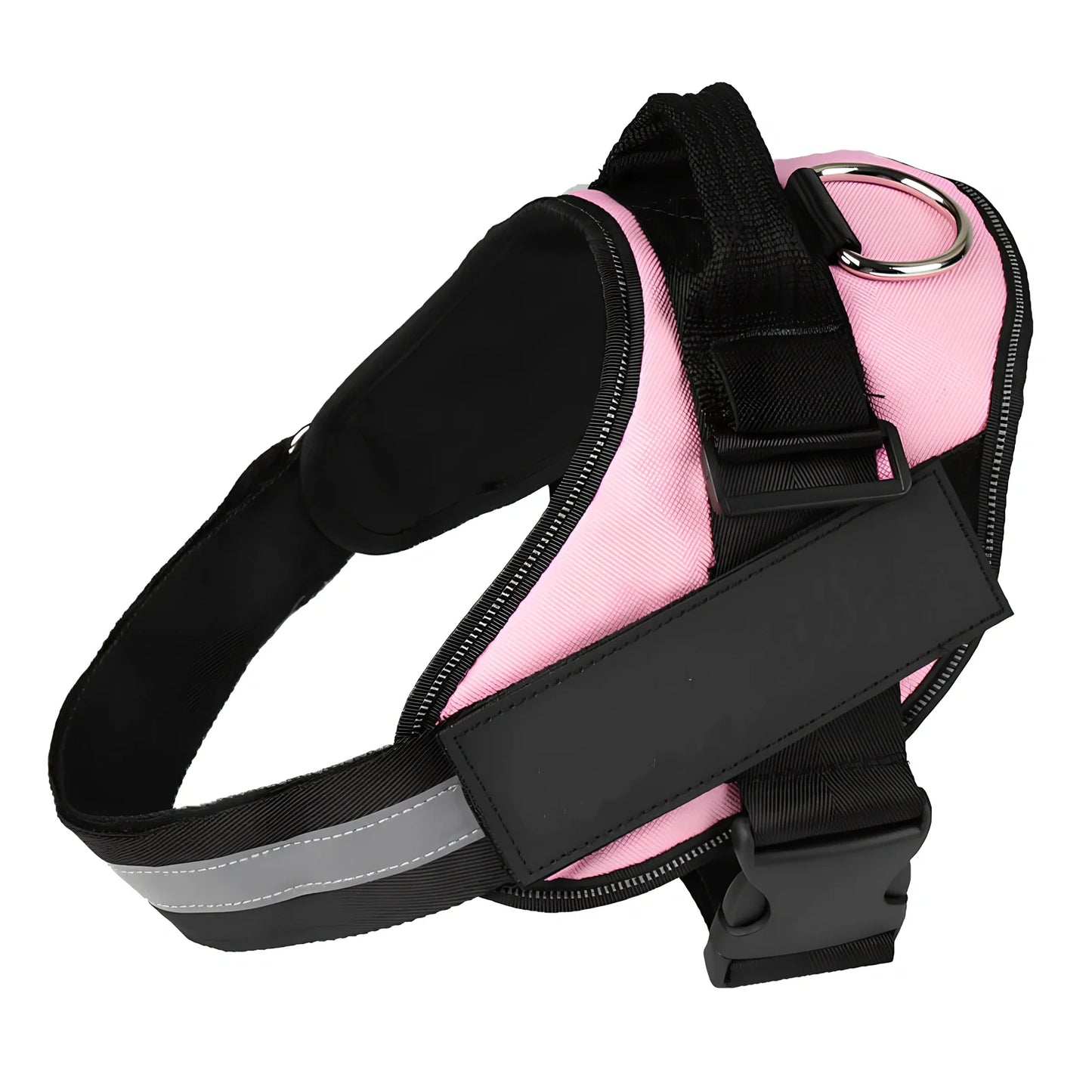 Adjustable reflective dog harness with top handle and metal D-ring for leash attachment