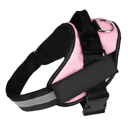 Adjustable reflective dog harness with top handle and metal D-ring for leash attachment