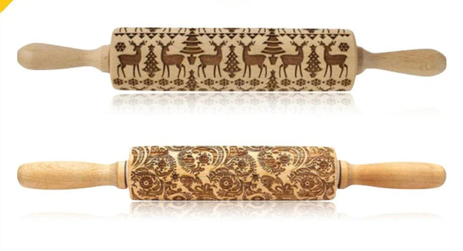 Wooden Christmas embossing rolling pin with non-stick surface for festive baking