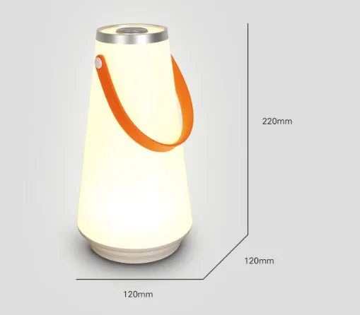 White rechargeable LED bedside lamp with warm light and adjustable brightness settings