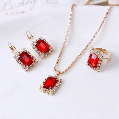 Elegant three-piece alloy jewellery set with diamond treatment in seven colours