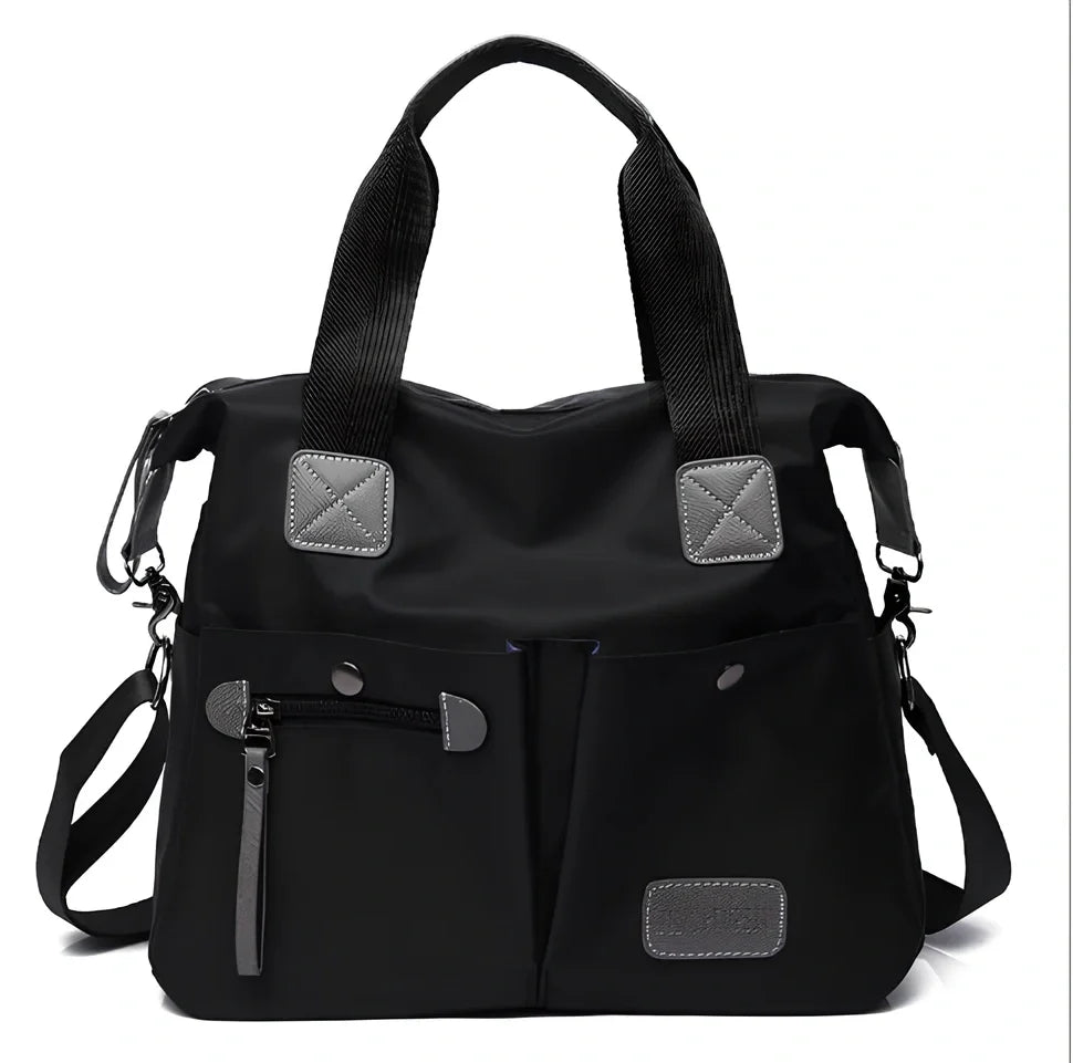 Ladies shoulder bag in black Oxford fabric, size M with multiple pockets and adjustable straps for handbag or crossbody carry, 340 mm width