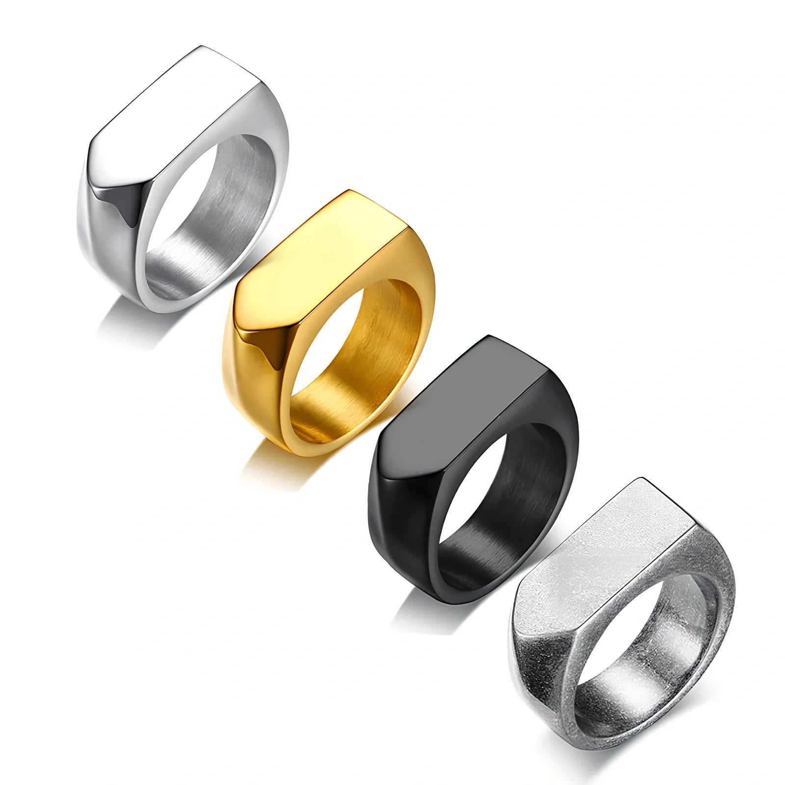 Men's black square punk ring in stainless steel, 9mm width, IP plated for durability, size US 10 shown