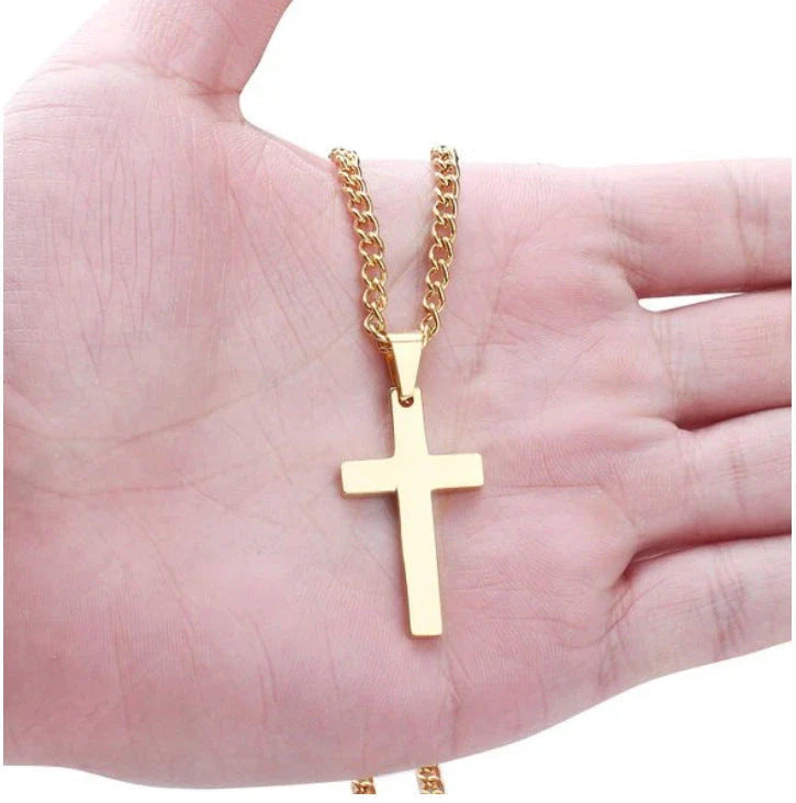 Stainless steel cross pendant necklace for men, available in black, silver, and gold finishes