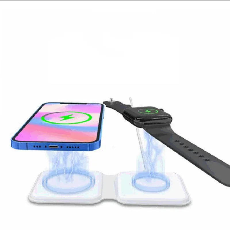 White foldable magnetic wireless charging dock showing two phones charging simultaneously at an angle.