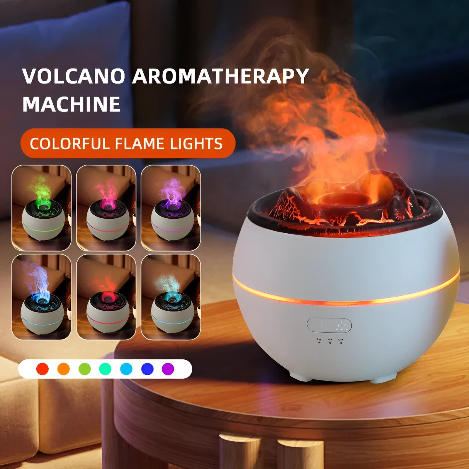 White round flame aroma diffuser and humidifier with water tank on a wooden desk