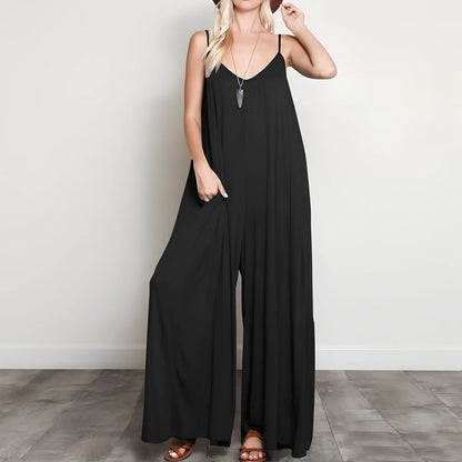 Women's black V-neck long jumpsuit with wide legs, loose fit up to 5XL, 160cm length for summer casual wear