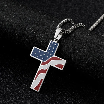 Men's stainless steel flag cross necklace in Black, Gold, and Silver options